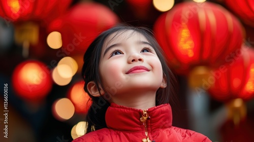 A joyful young girl in a red jacket gazes upward, surrounded by vibrant red lanterns, This image symbolizes celebration and wonder, perfect for cultural festivals, family events, or childhood themes,