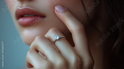 Elegant woman showcasing a diamond ring while highlighting her beauty in soft lighting