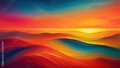 Vibrant Sunset Landscape: Abstract painting of a breathtaking sunset over rolling hills, showcasing a vibrant color palette of oranges, reds, and blues. Evokes feelings of serenity, warmth.