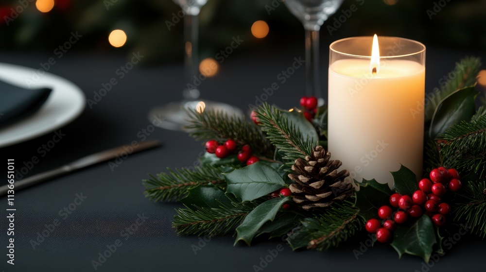 A beautifully arranged holiday table centerpiece featuring a lit candle surrounded by evergreen sprigs, holly, and pine cones, Ideal for festive decor, invitations, or seasonal marketing, A beautifully arranged holiday table centerpiece featuring a lit candle surrounded by evergreen sprigs, holly, and pine cones, Ideal for festive decor, invitations, or seasonal marketing,