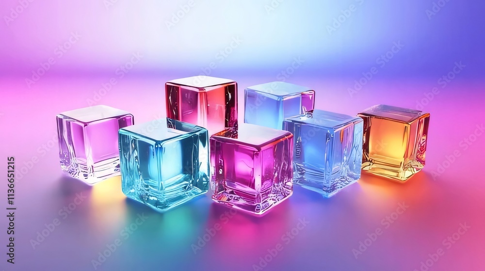 Colorful glass cubes illuminated with vibrant neon lights on a gradient background. Colorful glass cubes illuminated with vibrant neon lights on a gradient background.