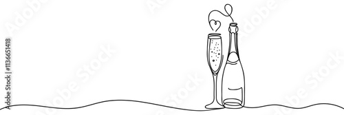 Continuous one line drawing of champagne bottle and glasses. Concept of cheers, toast, holiday in line art style. Illustration on white background