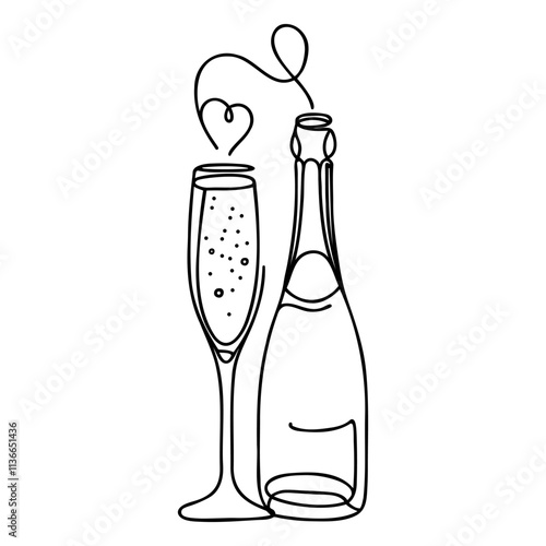 Continuous one line drawing of champagne bottle and glasses. Concept of cheers, toast, holiday in line art style. Illustration on white background