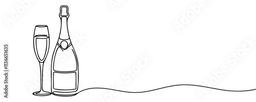 Continuous one line drawing of champagne bottle and glasses. Concept of cheers, toast, holiday in line art style. Illustration on white background