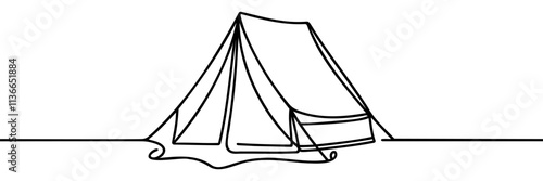 Continuous one line drawing of tent camping in outdoor. Canvas tent line art vector illustration.