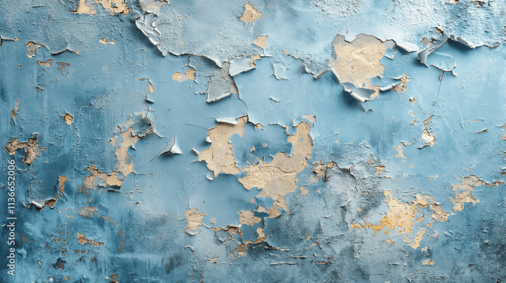 Obraz premium Weathered blue wall with peeling paint and exposed plaster