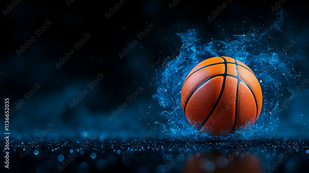 A basketball splashes through water, creating a dynamic visual of motion and energy against a dark backdrop. A basketball splashes through water, creating a dynamic visual of motion and energy against a dark backdrop.