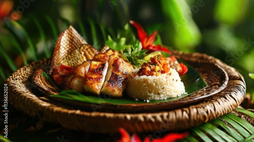 Saksak with Grilled Fish on Woven Plate, Authentic Cuisine Colors photo