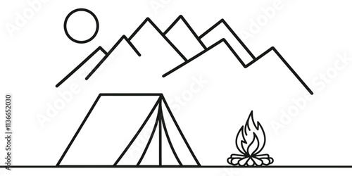 Continuous one line drawing of tent camping in outdoor. Canvas tent line art vector illustration.