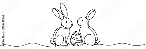 Easter Bunny continuous one line drawing. Easter border with eggs and cute cartoon bunny in continuous line art drawing style. Illustration for Easter with Rabbit Black and white vector
