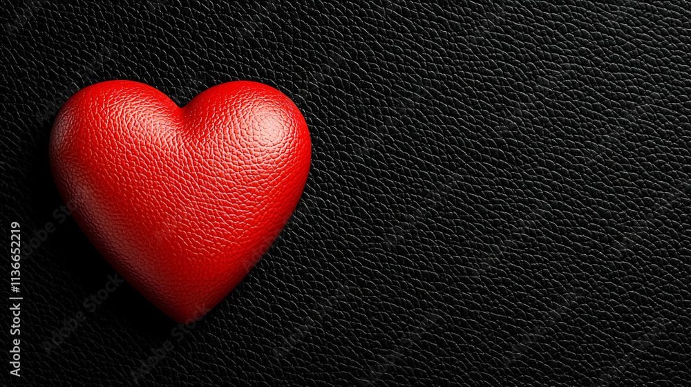 Obraz premium A vibrant red leather heart sits against a textured black background, symbolizing love and passion in a minimalist design.