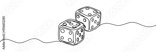 Two dices one line vector illustration. Continuous contour drawing of game dice.
