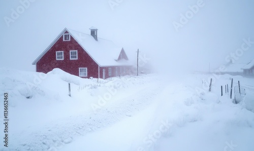 A red house with snow on it