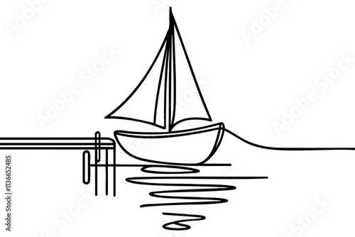 sailboat at the pier on the shore. Continuous line drawing. Illustration, vector