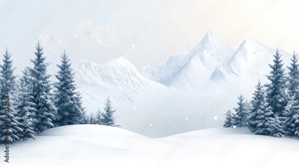Fototapeta premium A serene winter landscape featuring snow-covered mountains and evergreen trees, perfect for holiday cards, seasonal promotions, or winter-themed designs, The soft colors evoke tranquility and beauty,