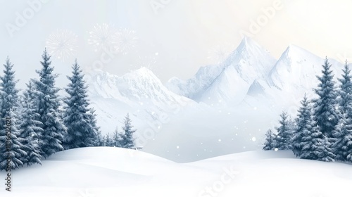 A serene winter landscape featuring snow-covered mountains and evergreen trees, perfect for holiday cards, seasonal promotions, or winter-themed designs, The soft colors evoke tranquility and beauty,