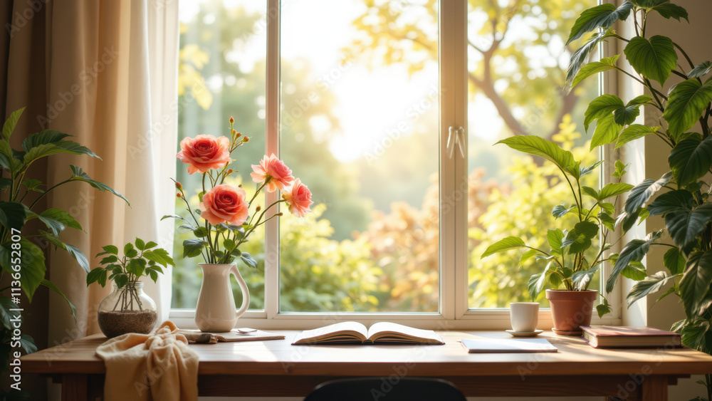 A serene workspace with a desk by a window during a sunny summer afternoon. A serene workspace with a desk by a window during a sunny summer afternoon.