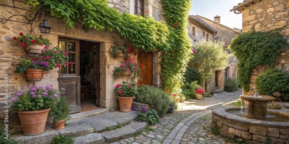 Fototapeta premium A charming stone cottage adorned with vibrant flowers and lush greenery stands invitingly on a cobblestone street, a tranquil fountain adding to the picturesque scene.