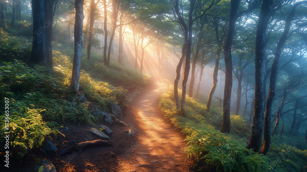 Fototapeta premium Misty forest pathway bathed in golden light during early morning hours