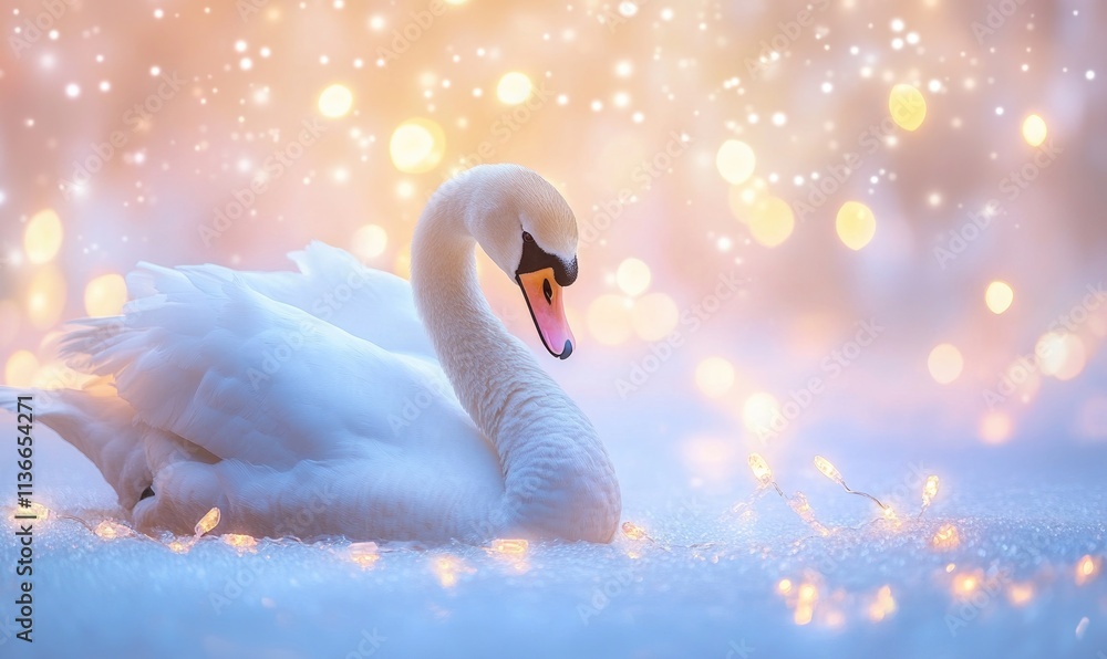 Fototapeta premium A swan is laying on the snow