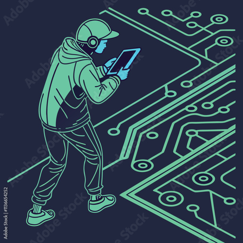 Neon circuit board designs with tech boy in green and blue Illustrator Artwork