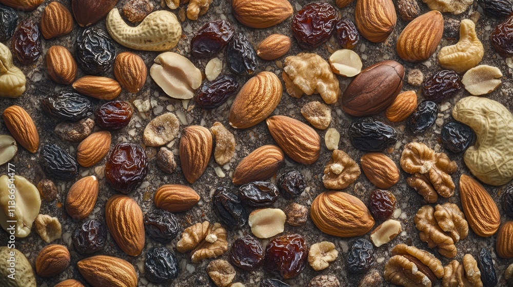 Illustrate a detailed image of mixed nuts (almonds, walnuts, cashews, peanuts, hazelnuts) and dried fruits (prunes, raisins) arranged on a textured background Illustrate a detailed image of mixed nuts (almonds, walnuts, cashews, peanuts, hazelnuts) and dried fruits (prunes, raisins) arranged on a textured background