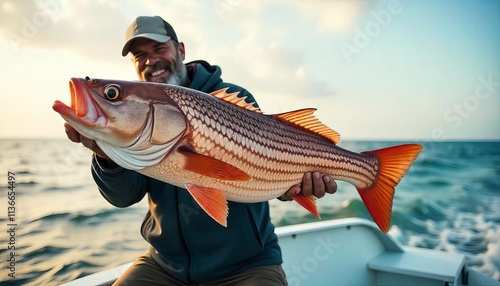Sport fishing for deep sea on a yacht in the ocean. A contented male angler clutching a larger, grenadier fish