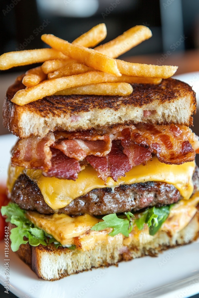 Gourmet burger stacked with layers of bacon, melted cheese, lettuce, and crispy fries on top, served on toasted bread, perfect for food photography Gourmet burger stacked with layers of bacon, melted cheese, lettuce, and crispy fries on top, served on toasted bread, perfect for food photography