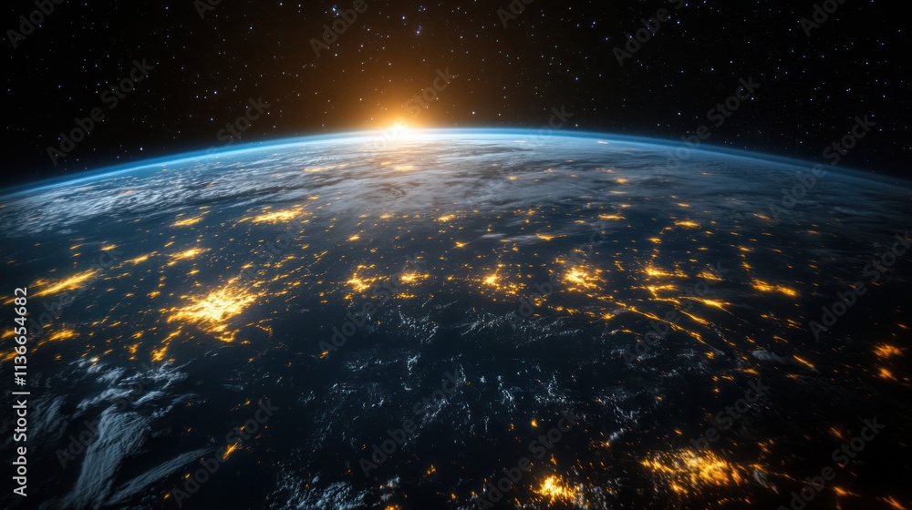 Obraz premium Earth at Night with City Lights Illuminated Under a Stunning Sunrise from Space