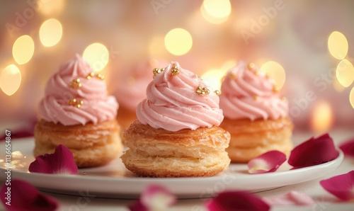 Three pink cupcakes with frosting and gold sprinkles on top