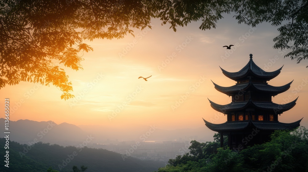 Obraz premium A serene sunset view features a traditional pagoda nestled among lush greenery, with silhouettes of mountains in the background, Perfect for travel blogs, lifestyle articles