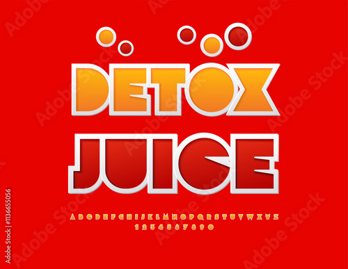 Vector healthy label Detox Juice. Exclusive Orange Font. Artistic Alphabet Letters and Numbers set.