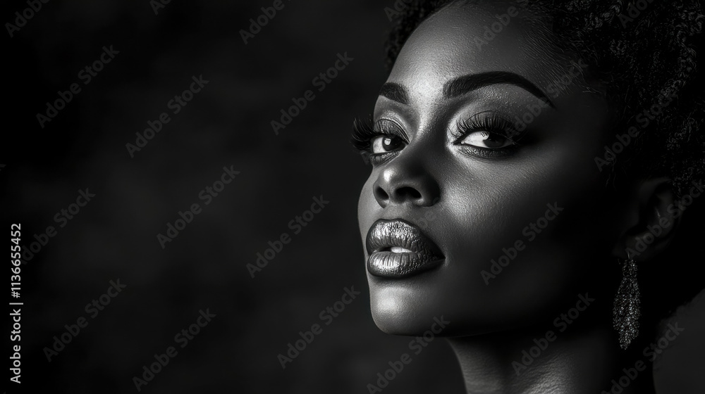 Black and white portrait of glamorous model posing in studio with silver lipstick Black and white portrait of glamorous model posing in studio with silver lipstick