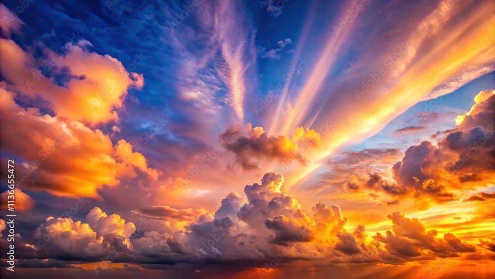 Fototapeta premium A celestial panorama of vibrant hues as the sun dips below the horizon, painting the sky with shades of orange, pink, and blue, casting long rays of light through the clouds.
