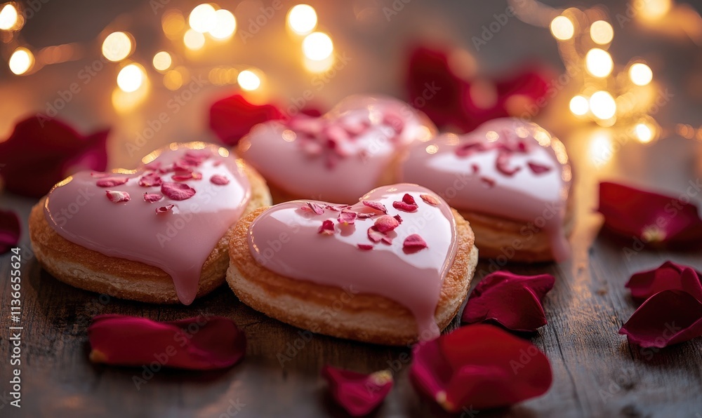 Four pink heart-shaped cookies with pink icing and pink sprinkles Four pink heart-shaped cookies with pink icing and pink sprinkles