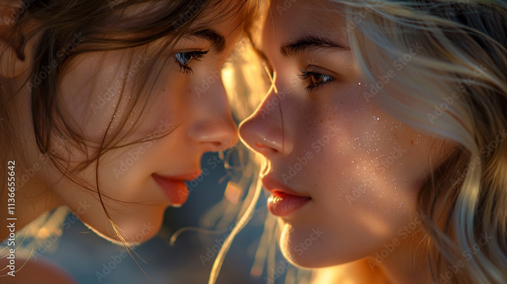 Intimate close-up portrait of two young women with sparkling skin, glowing in warm golden light, sharing a quiet, ethereal moment of connection Intimate close-up portrait of two young women with sparkling skin, glowing in warm golden light, sharing a quiet, ethereal moment of connection