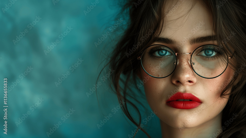 Captivating close-up portrait of a young woman with striking blue eyes, round glasses, and bold red lips against a textured teal background, radiating elegance, intensity, and natural beauty Captivating close-up portrait of a young woman with striking blue eyes, round glasses, and bold red lips against a textured teal background, radiating elegance, intensity, and natural beauty