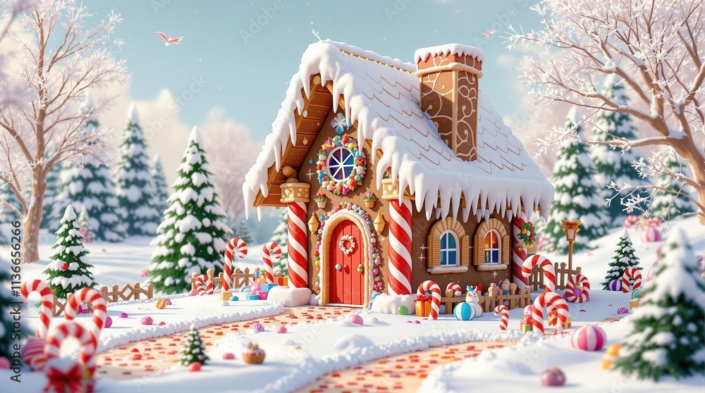 Enchanted gingerbread house in a snowy winter wonderland. Festive Christmas scene with candy canes, sweets, and twinkling lights. Perfect for holiday cards, websites, and more Enchanted gingerbread house in a snowy winter wonderland. Festive Christmas scene with candy canes, sweets, and twinkling lights. Perfect for holiday cards, websites, and more