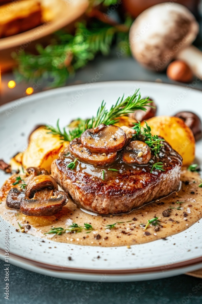 Juicy Beef Steak Topped with Sautéed Mushrooms and Fresh Herbs Served on a Decorative Plate with Roasted Potatoes and a Rich Sauce in a Cozy Dining Setting Juicy Beef Steak Topped with Sautéed Mushrooms and Fresh Herbs Served on a Decorative Plate with Roasted Potatoes and a Rich Sauce in a Cozy Dining Setting
