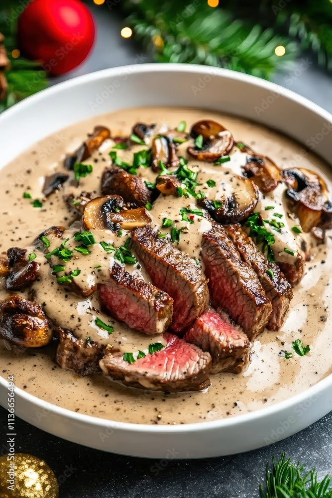 Juicy Steak Slices Topped with Creamy Mushroom Sauce in a Bowl Surrounded by Festive Greenery and Holiday Ornaments for a Rich Winter Meal Juicy Steak Slices Topped with Creamy Mushroom Sauce in a Bowl Surrounded by Festive Greenery and Holiday Ornaments for a Rich Winter Meal
