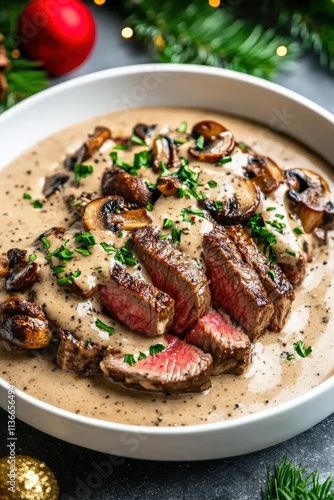 Wallpaper Mural Juicy Steak Slices Topped with Creamy Mushroom Sauce in a Bowl Surrounded by Festive Greenery and Holiday Ornaments for a Rich Winter Meal Torontodigital.ca