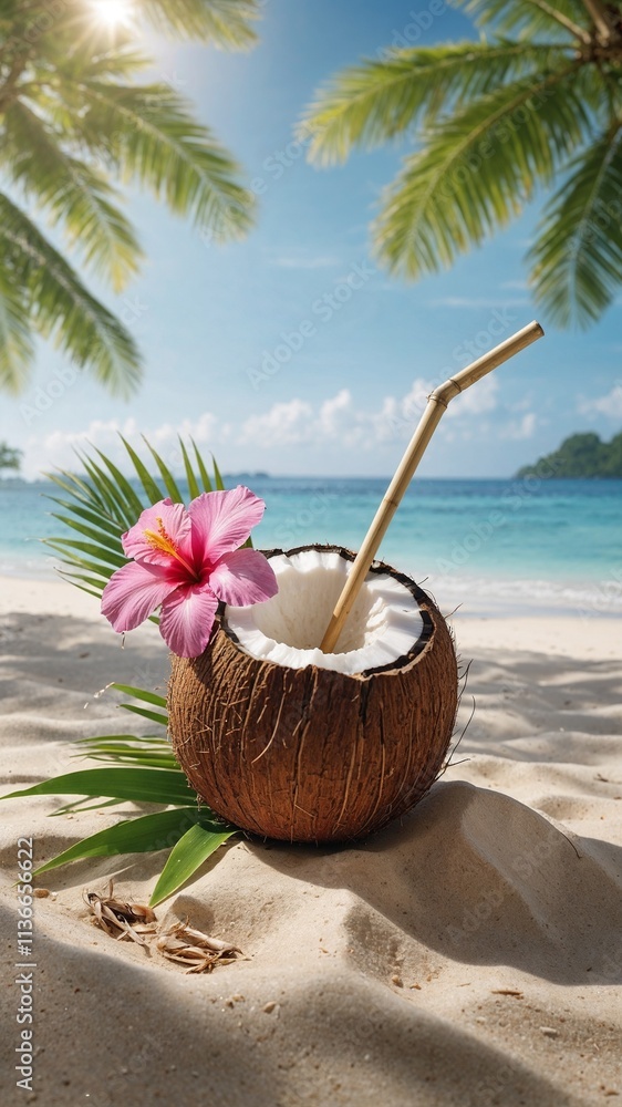Close-up of a tropical coconut drink with a bamboo straw and pink hibiscus flower, resting on soft sand with lush palm trees and turquoise ocean in the background. Close-up of a tropical coconut drink with a bamboo straw and pink hibiscus flower, resting on soft sand with lush palm trees and turquoise ocean in the background.