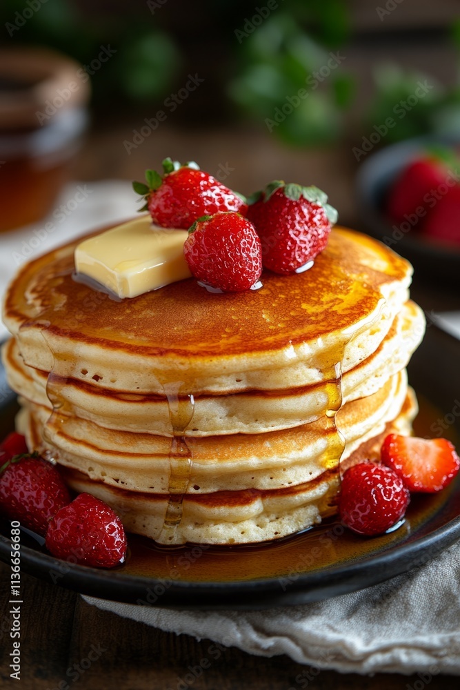 A stack of pancakes topped with butter berries syrup, served with a cup of coffee A stack of pancakes topped with butter berries syrup, served with a cup of coffee
