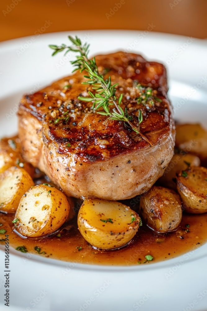 Deliciously Grilled Pork Chop Served With Golden Baby Potatoes and Fresh Herb Garnish on a Rustic Wooden Table Deliciously Grilled Pork Chop Served With Golden Baby Potatoes and Fresh Herb Garnish on a Rustic Wooden Table