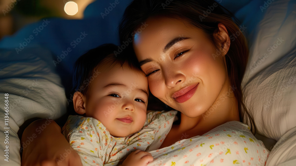 A joyful mother cuddling her adorable baby in a cozy and loving embrace. A joyful mother cuddling her adorable baby in a cozy and loving embrace.