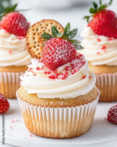 Delicious Strawberry Cupcake with Cream Frosting and Crunchy Cookie Garnish, Perfectly Styled for a Sweet Dessert Display, Ideal for Baking or Food Photography