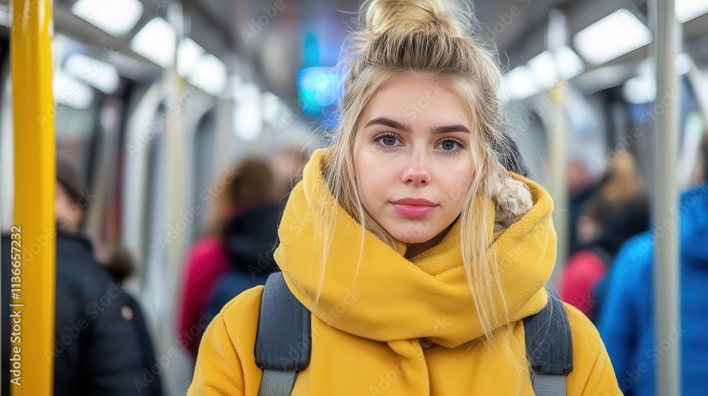 Young woman in a yellow coat standing in a subway, surrounded by commuters. Young woman in a yellow coat standing in a subway, surrounded by commuters.