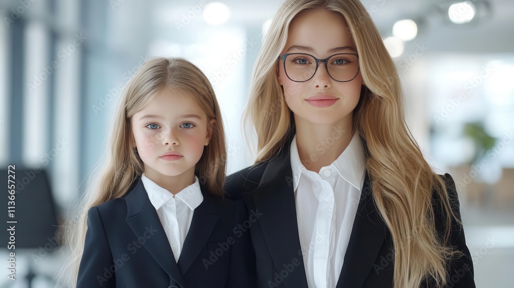 Confident woman and girl dressed in business attire in a modern office setting. Confident woman and girl dressed in business attire in a modern office setting.
