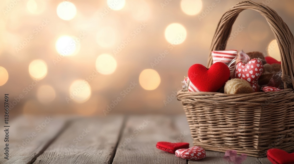 A romantic gift basket filled with heart-shaped decorations and sweet treats, set against a warm bokeh background, Perfect for Valentine's Day promotions, romantic occasions, or gift ideas, A romantic gift basket filled with heart-shaped decorations and sweet treats, set against a warm bokeh background, Perfect for Valentine's Day promotions, romantic occasions, or gift ideas,