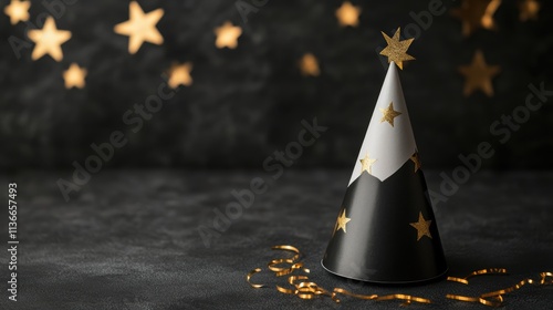 A festive party hat with a star design and golden decorations sits against a dark background with gold stars, Ideal for celebrations, event planning, or festive marketing materials, photo